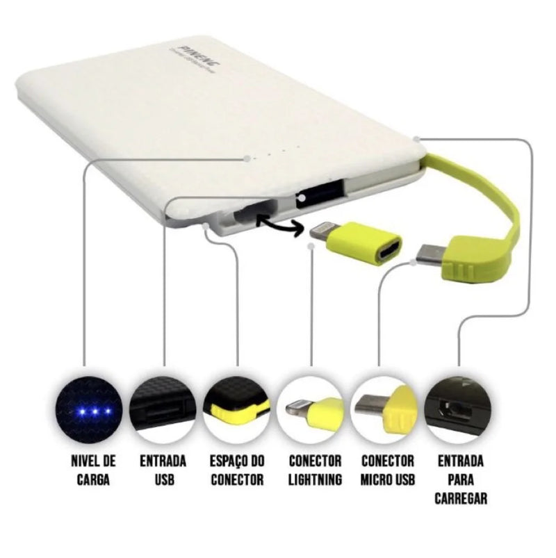 Carregador Portátil Pineng Power Bank 10.000 mah,V5000 mah com adaptador iPhone,V8